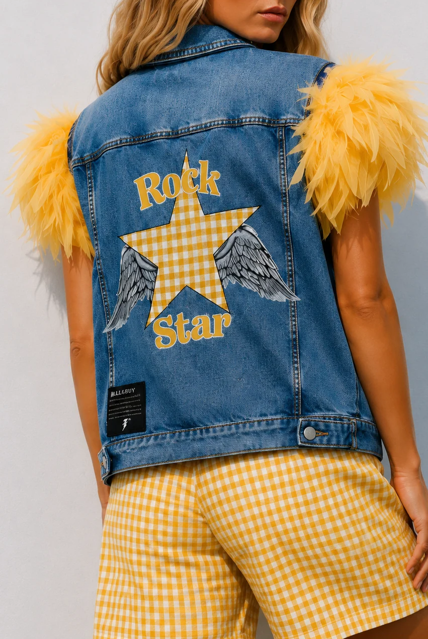 Gilet en jean bleu sans manches Rock Star avec plumes jaunes femme