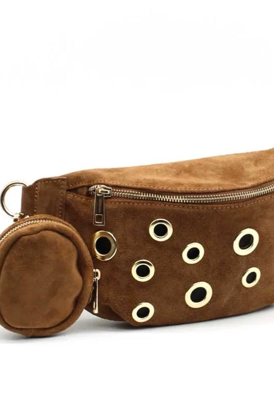 Sac banane en cuir avec oeillets dores et porte-monnaie assorti
