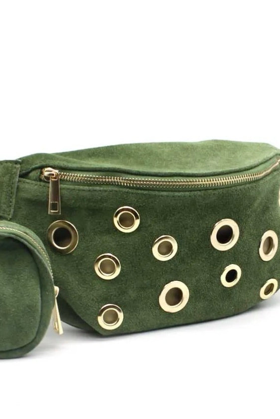 Sac banane en cuir avec oeillets dores et porte-monnaie assorti