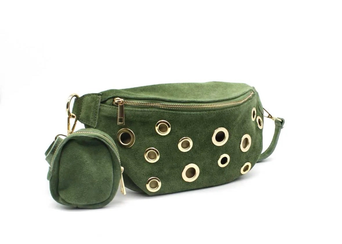 Sac banane en cuir avec oeillets dores et porte-monnaie assorti
