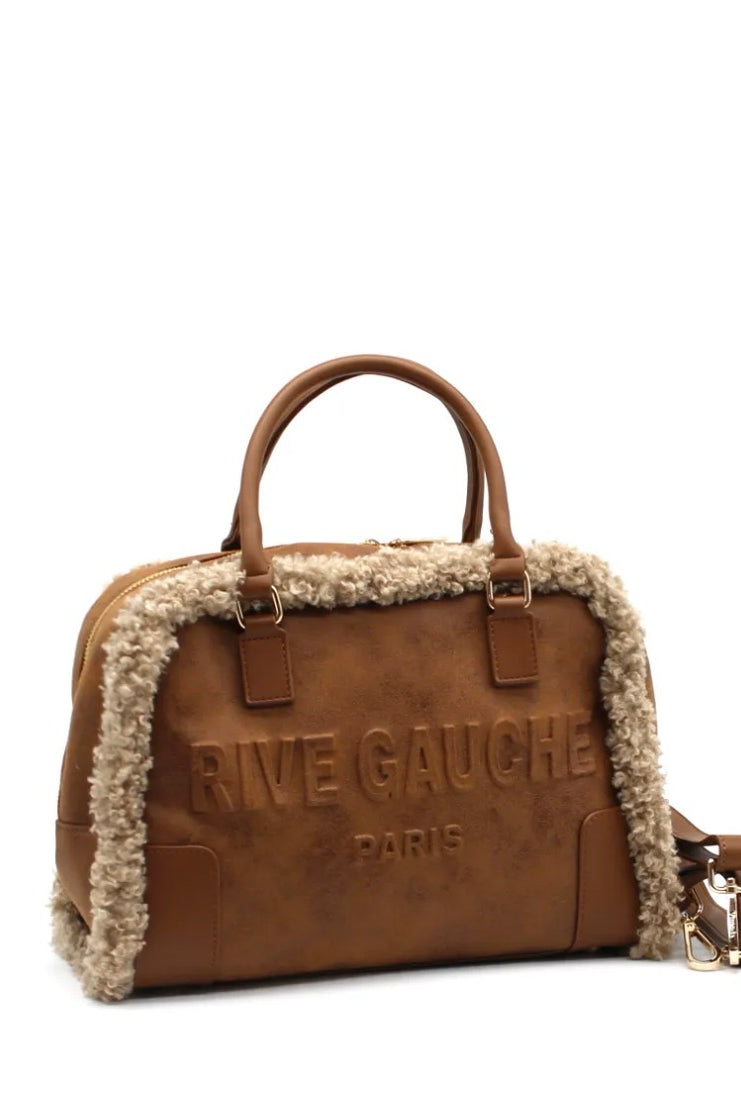 Sac bowling camel effet cuir avec finitions moumoute femme2