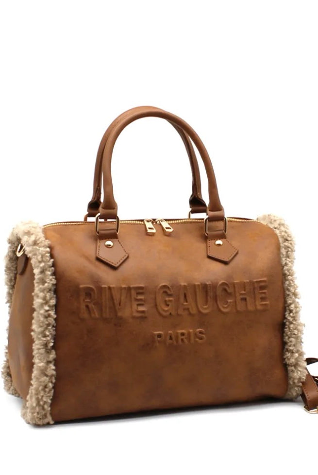Sac bowling camel effet cuir avec finitions moumoute femme