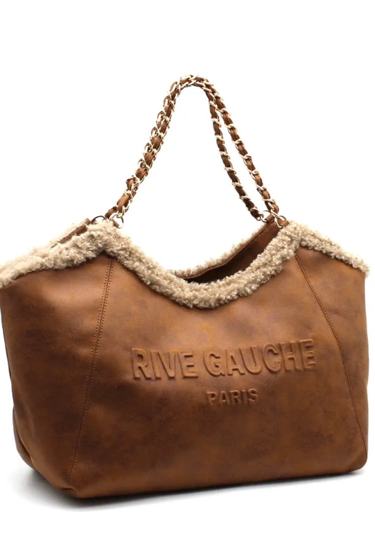 Sac cabas camel effet cuir avec anse chaine et finition moumoute2