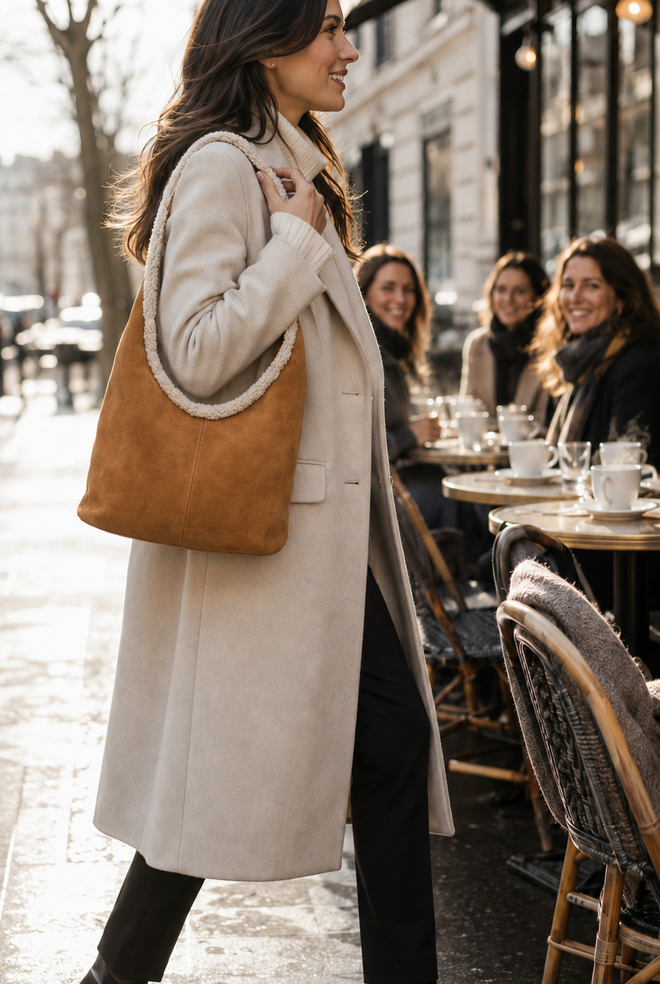Sac cabas camel effet daim avec pochette amovible femme