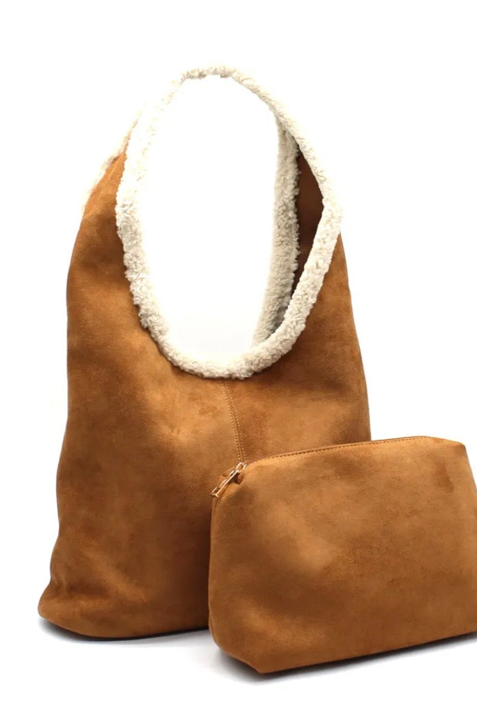 Sac cabas camel effet daim avec pochette amovible femme3