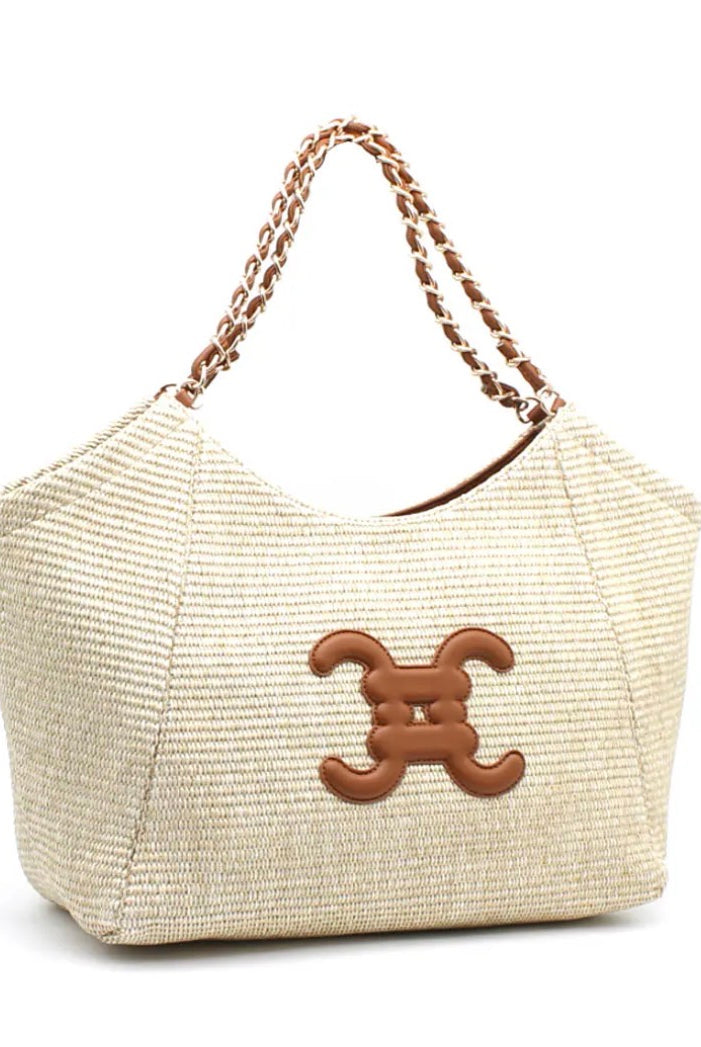 Sac femme paille tresse anse chaine et details cuir camel
