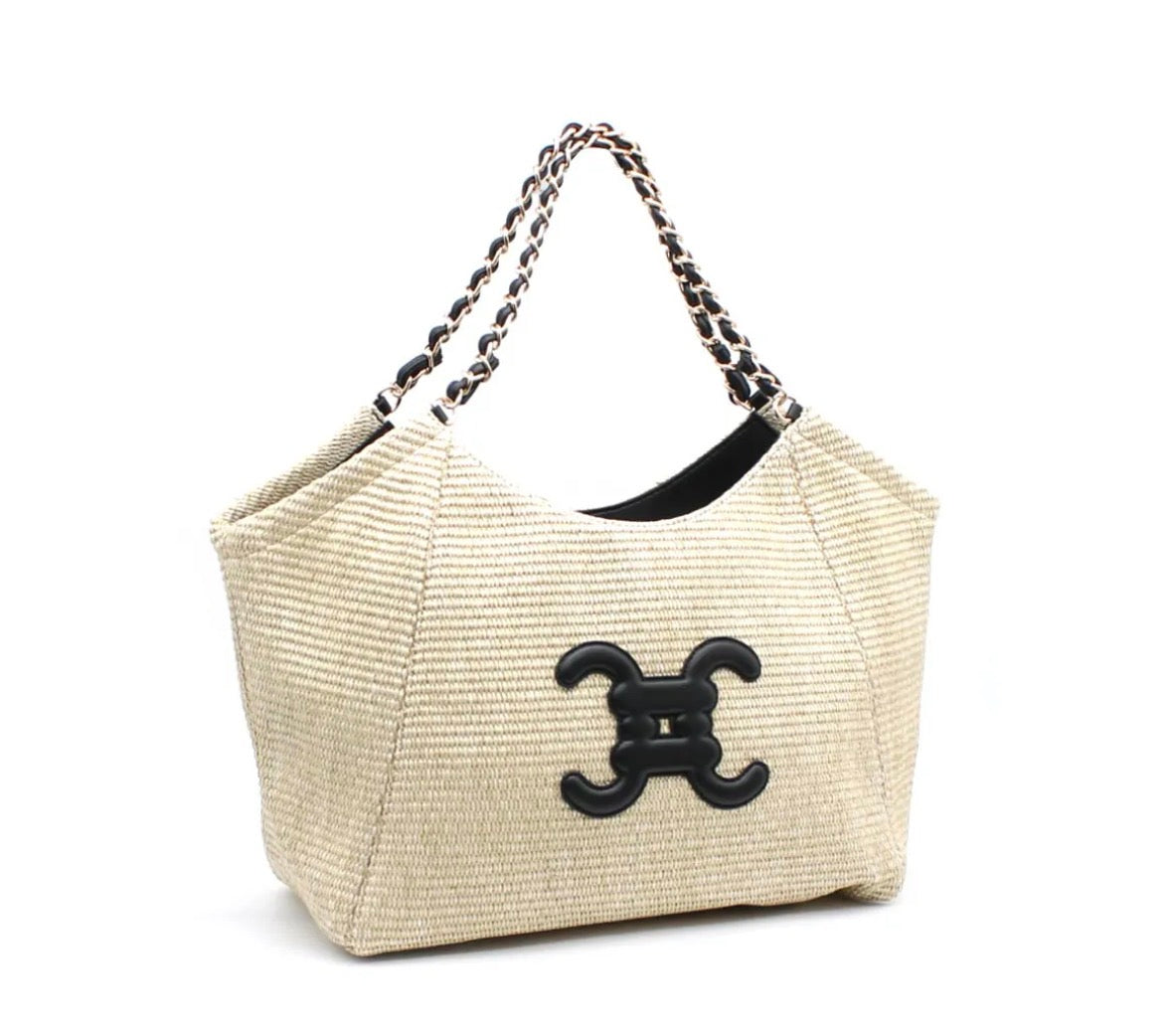 Sac femme paille tresse anse chaine et details cuir noir