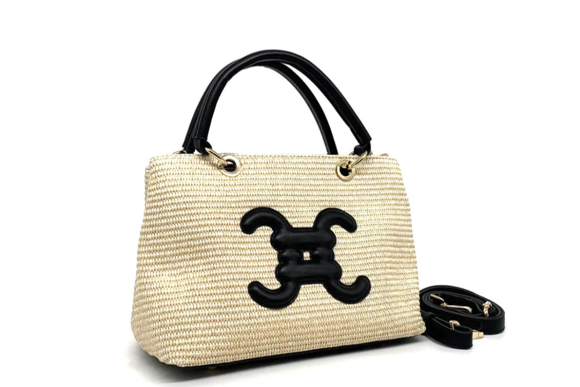 Sac porté main effet raphia crème et noir