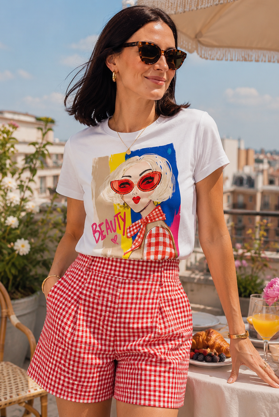 Tee-shirt femme blanc Beauty a imprime colore