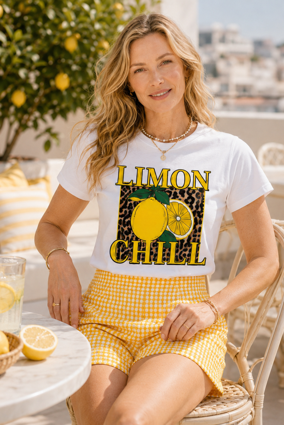 Tee-shirt femme blanc Limon Chill a imprime citron