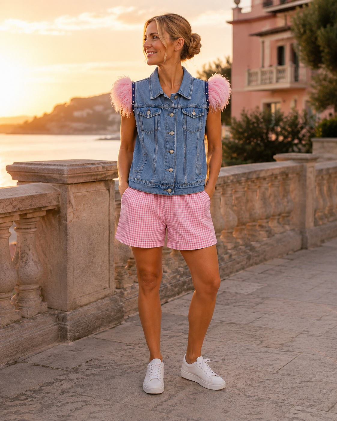 Veste sans manches en jean bleu Rock Star avec plumes roses