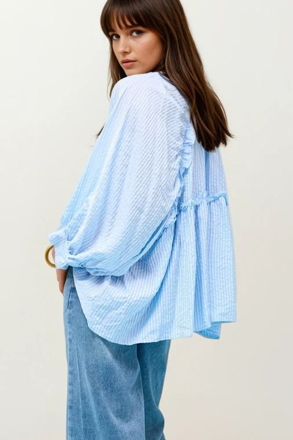 Q2 Blouse à rayures à manches ballon en bleu bébé