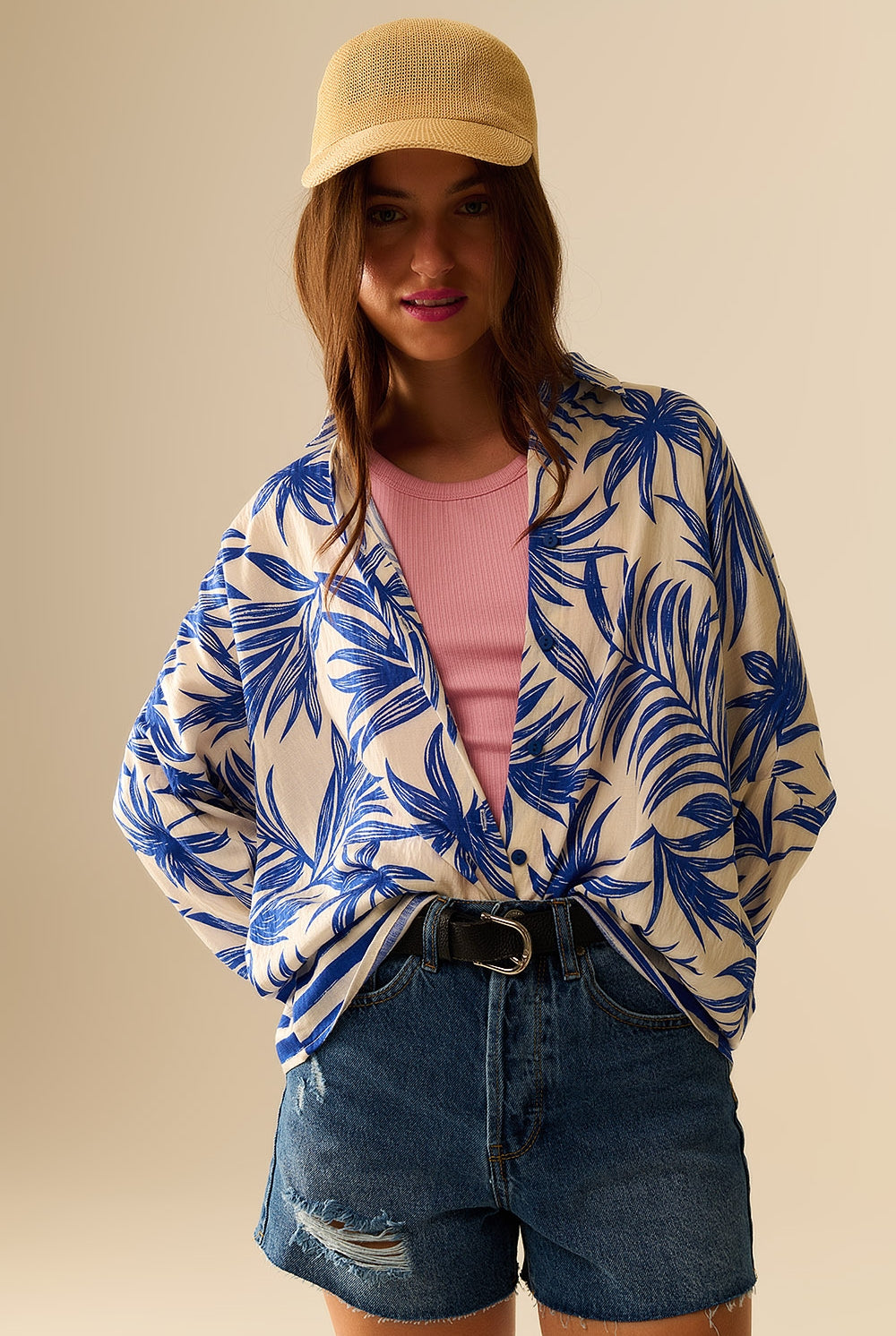 Q2 Blouse Décontractée à Motif Tropical en Bleu et Blanc