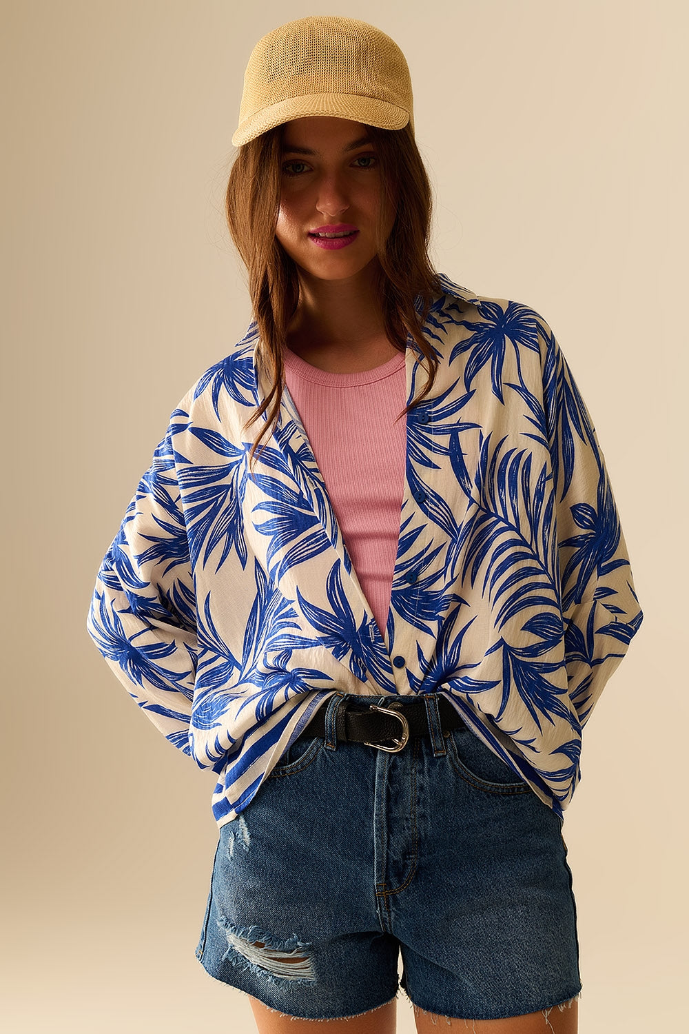 Q2 Blouse Décontractée à Motif Tropical en Bleu et Blanc