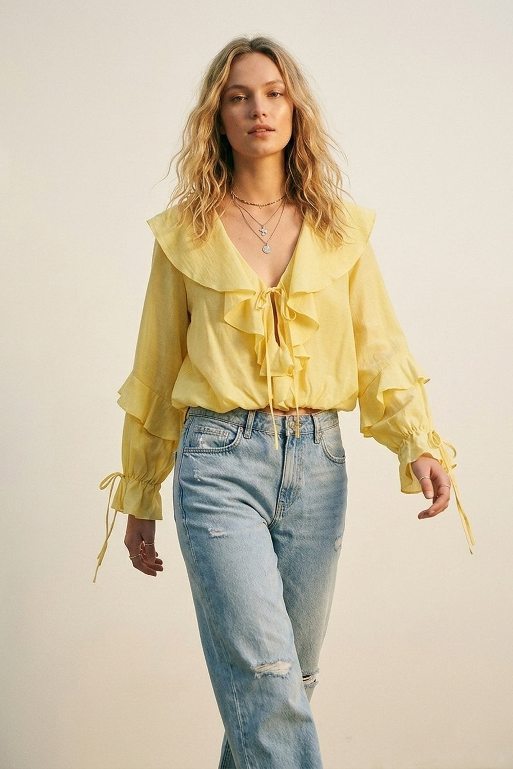 Q2 Blouse Jaune à Manches Longues avec Devant à Volants et Liens