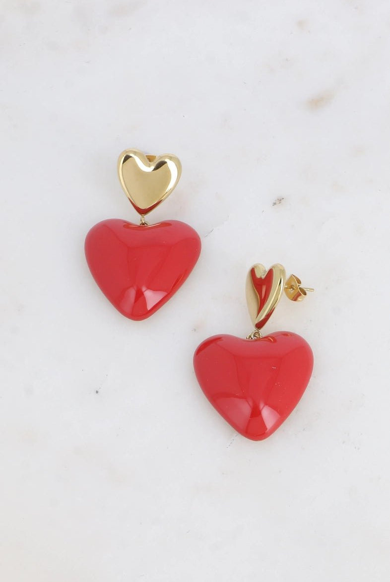 Boucles pendantes Fidji - double coeur, lisse et en émail - La boutique de Nannye