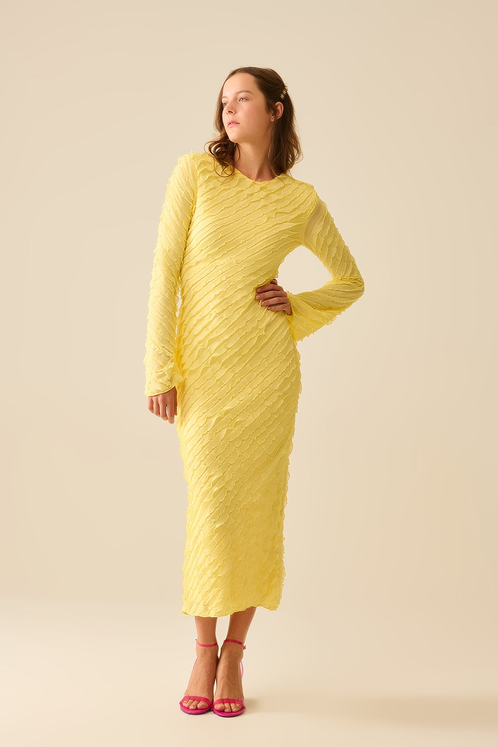 Q2 Butter Yellow Maxi Dress With Bias mini Ruffle Design