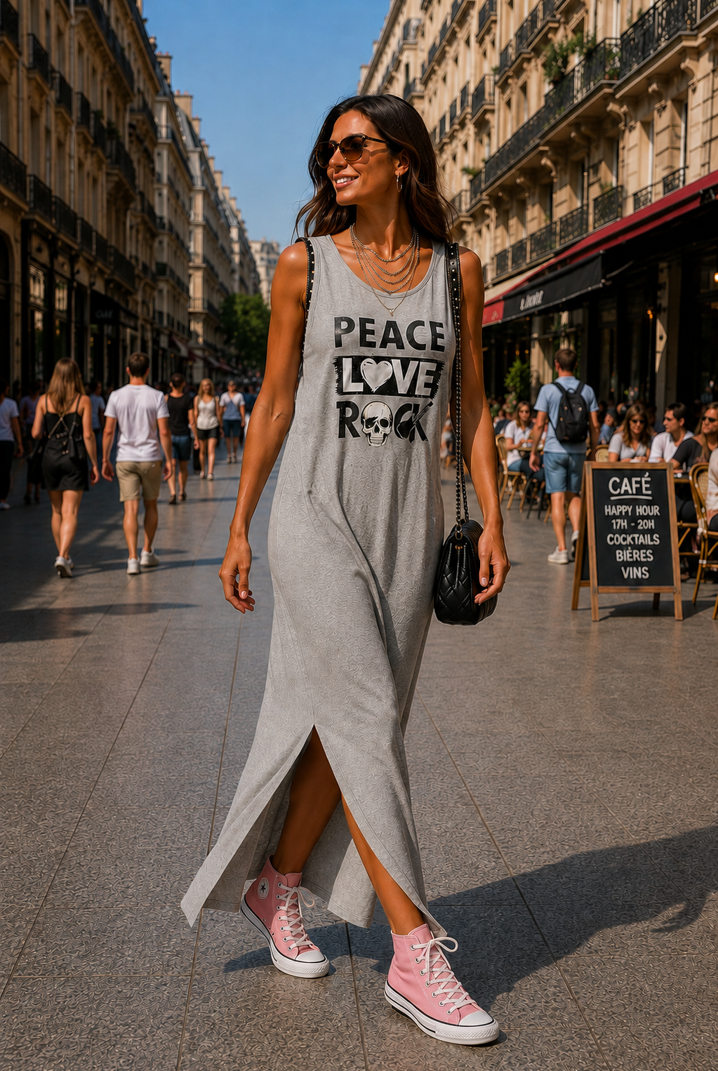 Robe Longue Grise Imprimee Rock avec Clous Metalliques