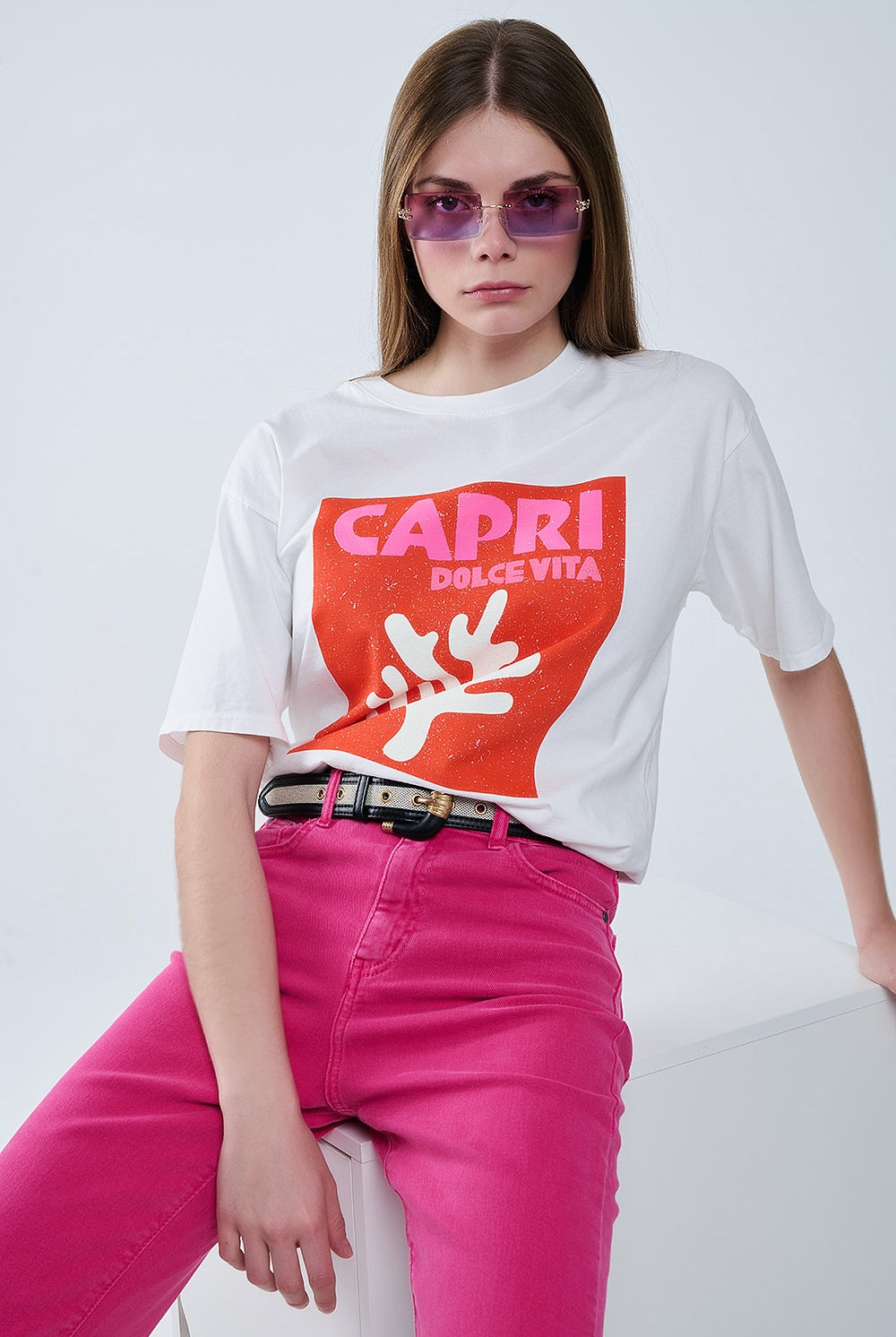 Q2 Capri La Dolce Vita T-shirt blanc à imprimé graphique