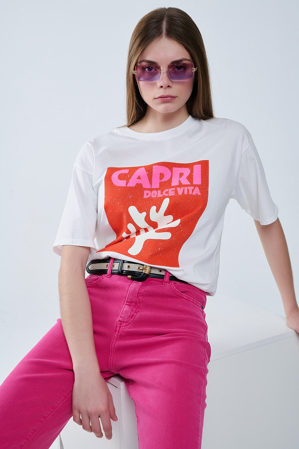 Q2 Capri La Dolce Vita T-shirt blanc à imprimé graphique