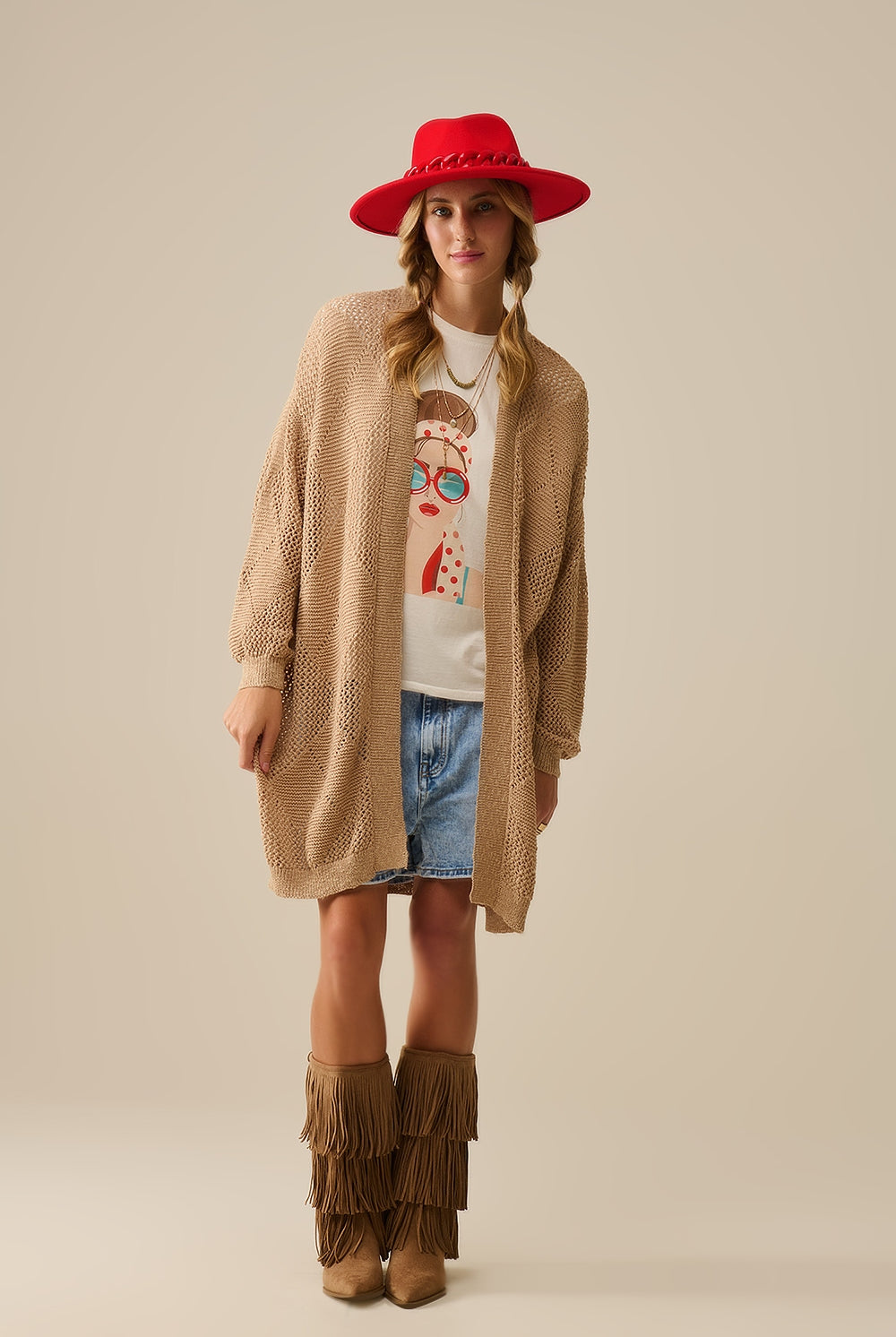 Q2 Cardigan drapé camel avec motif au crochet