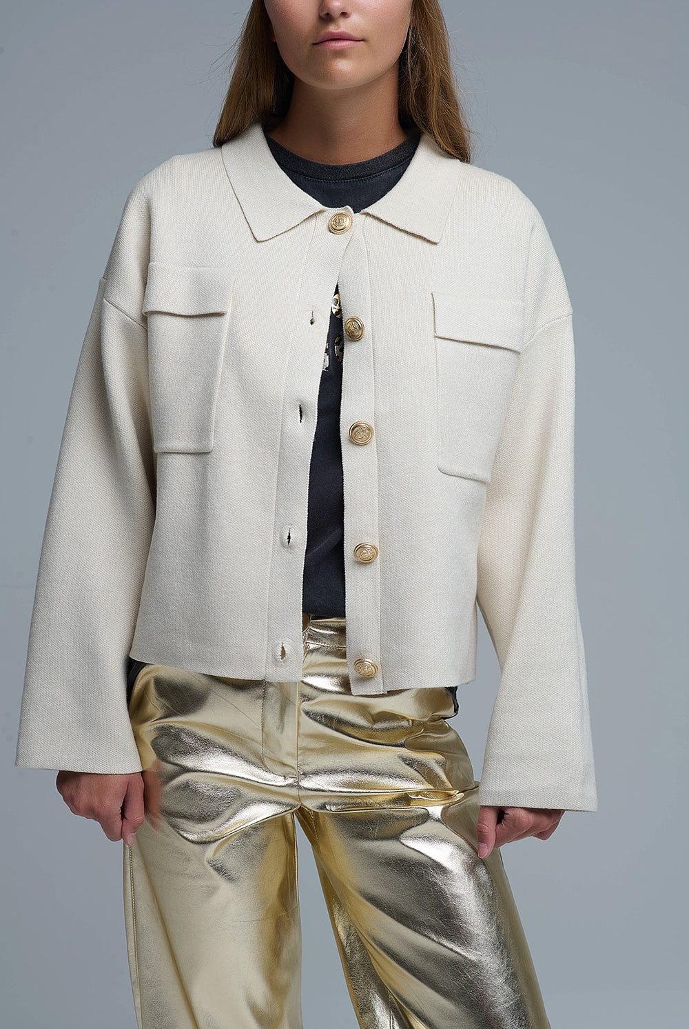 Q2 Cardigan formel décontracté en tricot avec poches poitrine en beige