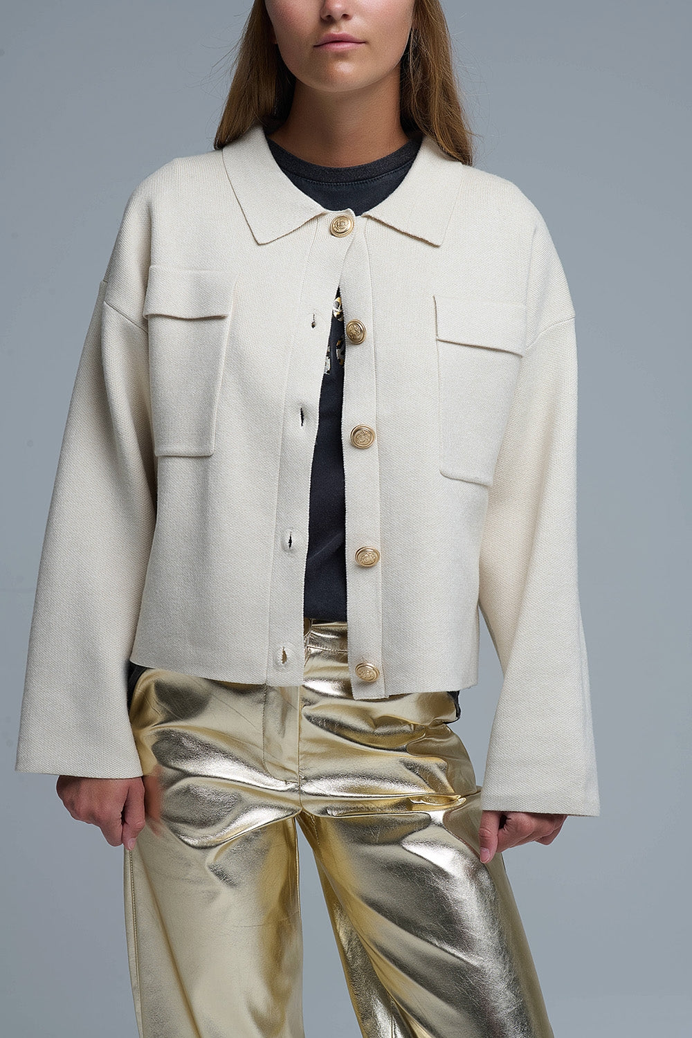 Q2 Cardigan formel décontracté en tricot avec poches poitrine en beige