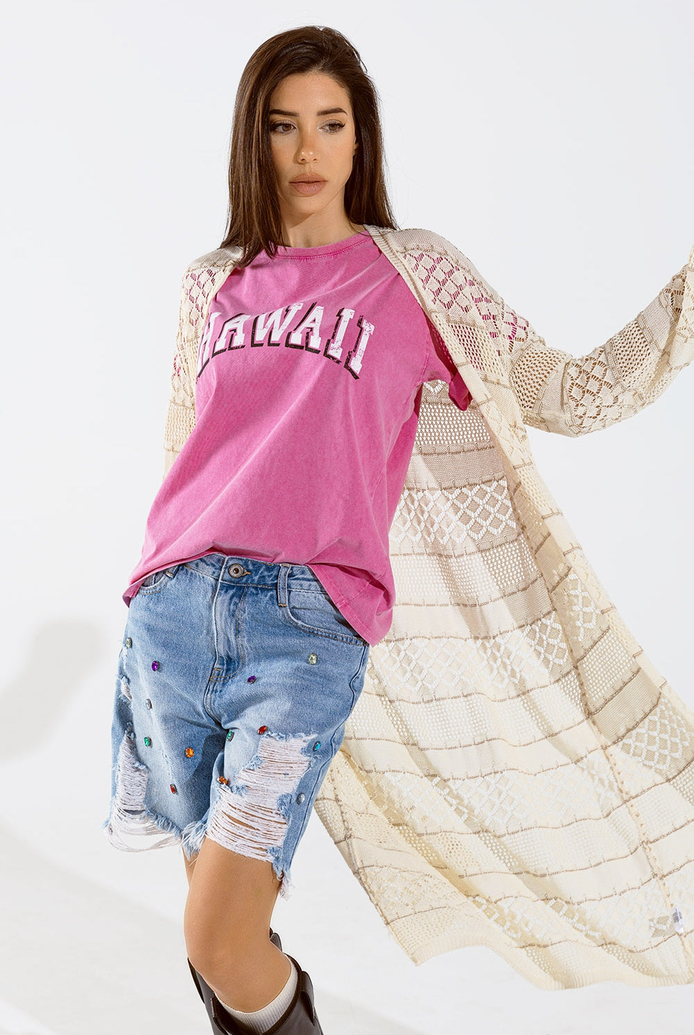 Q2 Cardigan Maxi à manches longues en crochet beige