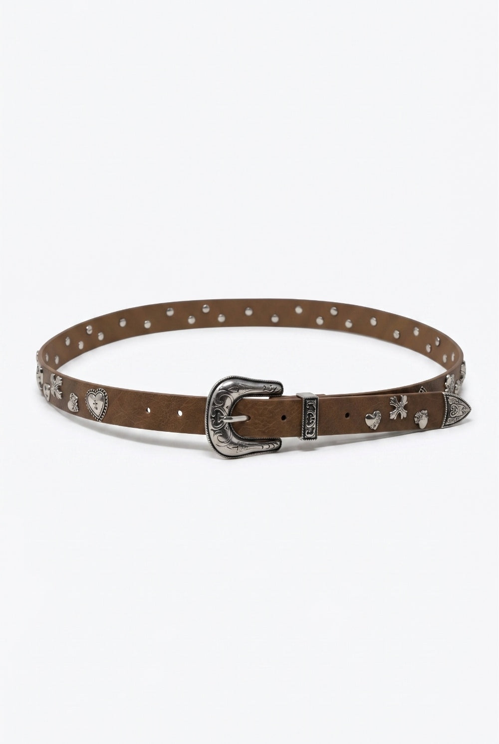 Q2 Ceinture Camel en Similicuir avec Boucle Western et Garniture de Clous Argentés