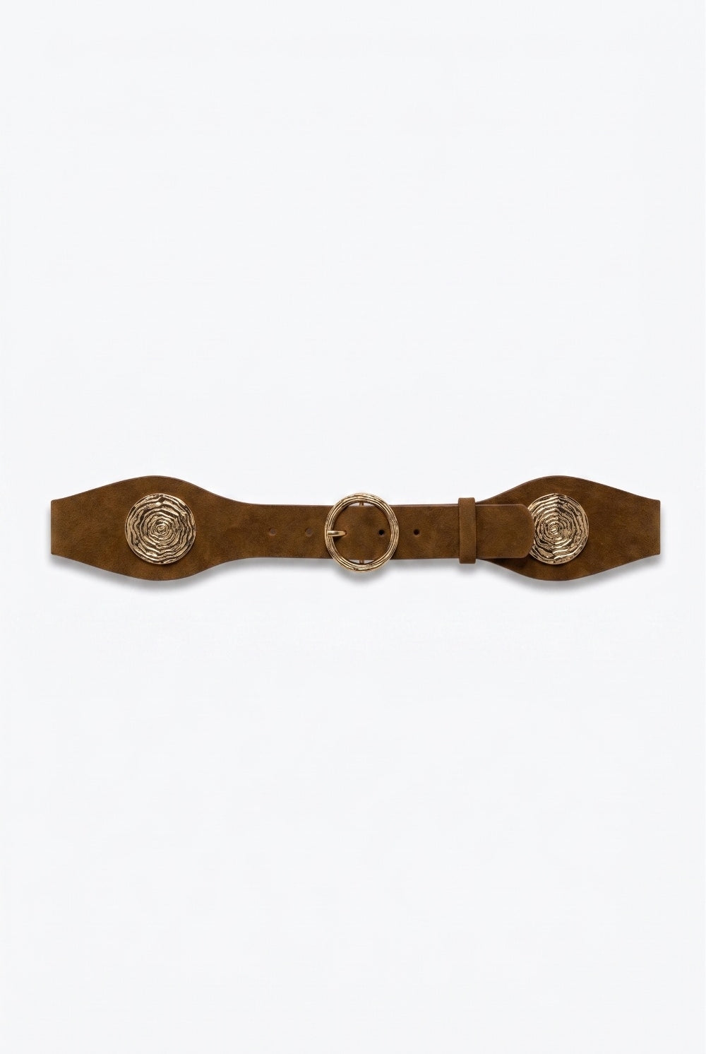 Q2 Ceinture large en daim marron avec boucle dorée en spirale
