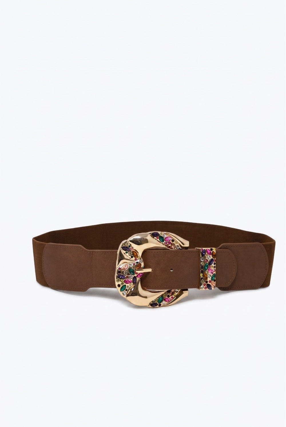 Q2 Ceinture large en similicuir marron avec boucle dorée multicolore ornée