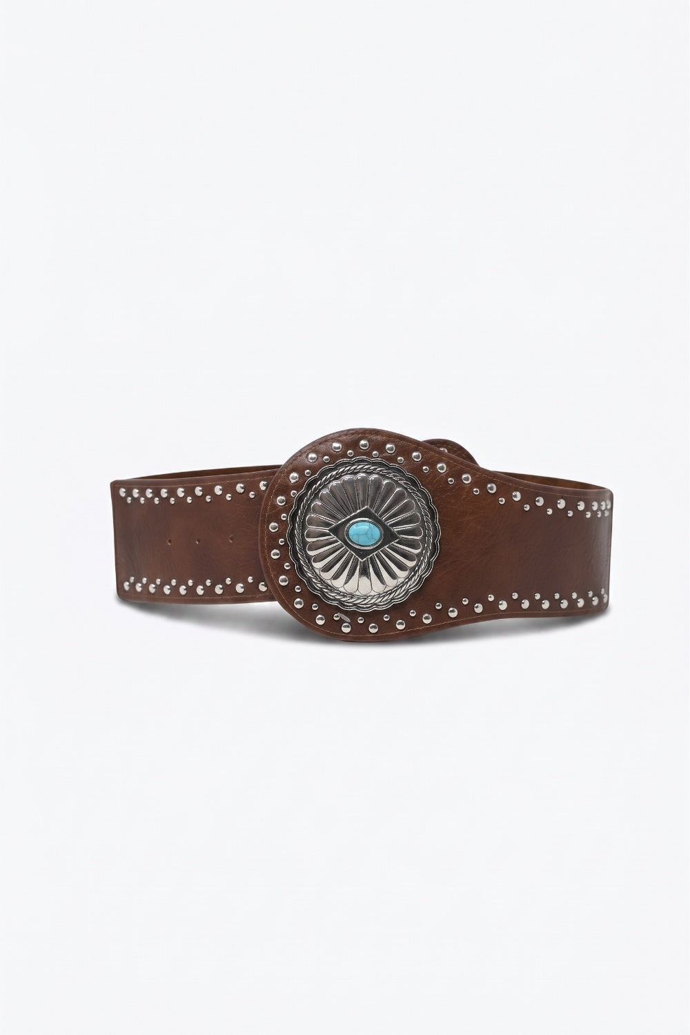 Q2 Ceinture large en similicuir marron avec clous argentés et boucle turquoise