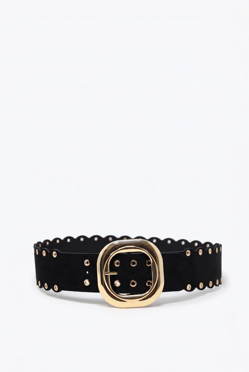 Q2 Ceinture noire en similicuir avec boucle dorée et œillets à bord festonné
