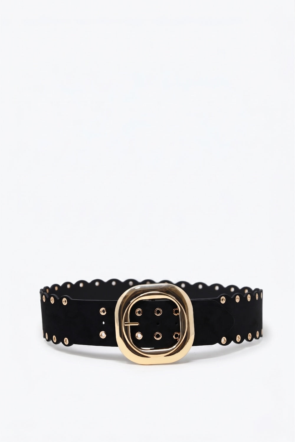 Q2 Ceinture noire en similicuir avec boucle dorée et œillets à bord festonné