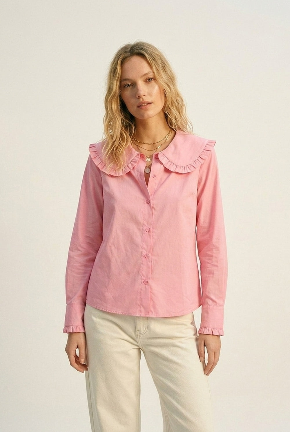 Q2 Chemise à manches longues en popeline de coton rose avec col prairie à volants
