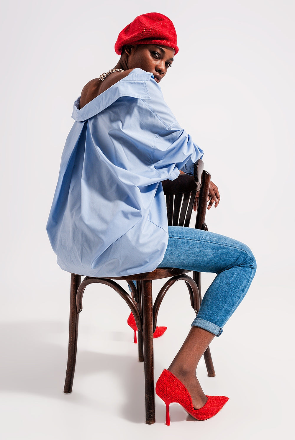 Q2 Chemise poplin oversize décontractée bleu