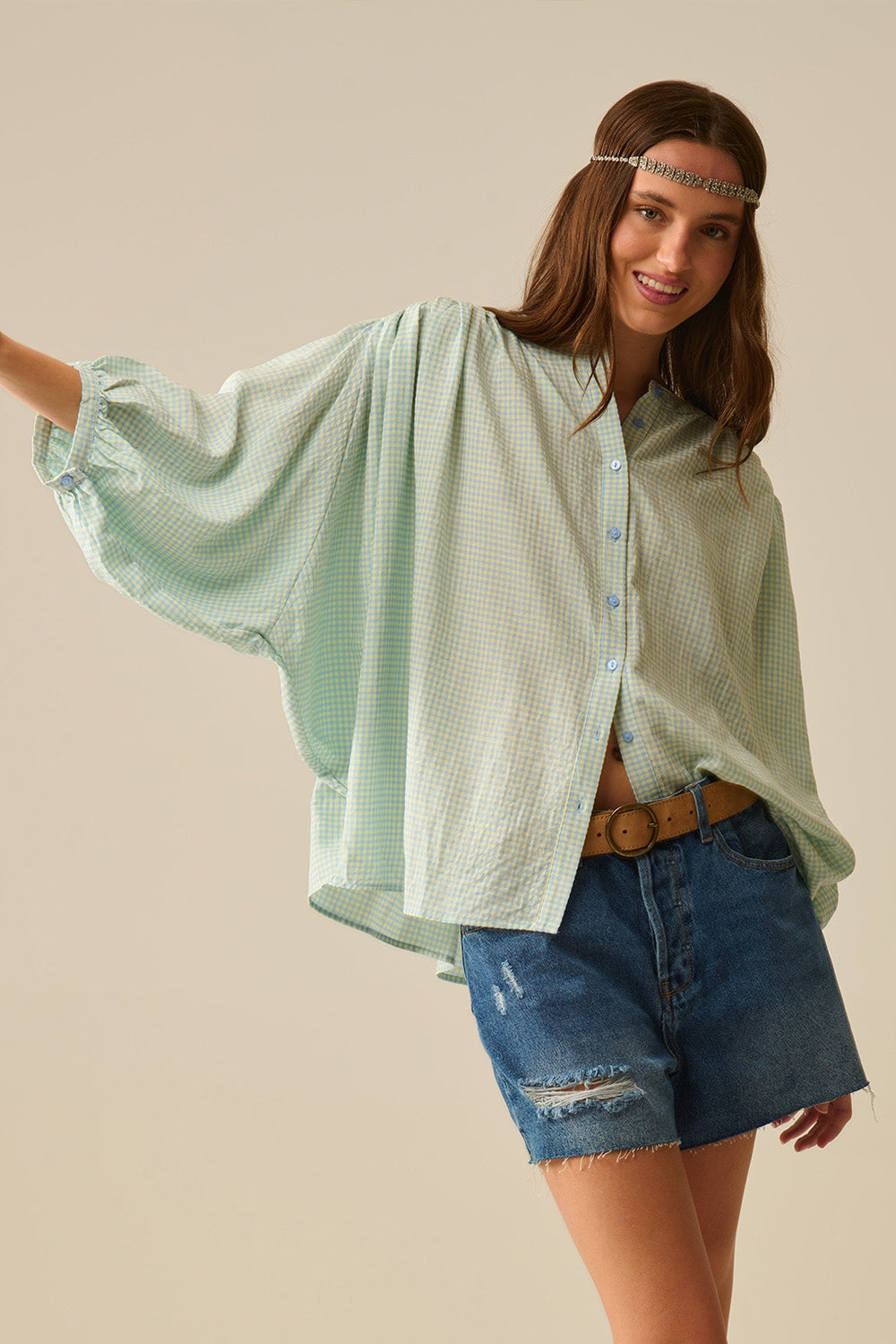 Q2 chemisier ample à carreaux vichy bleus