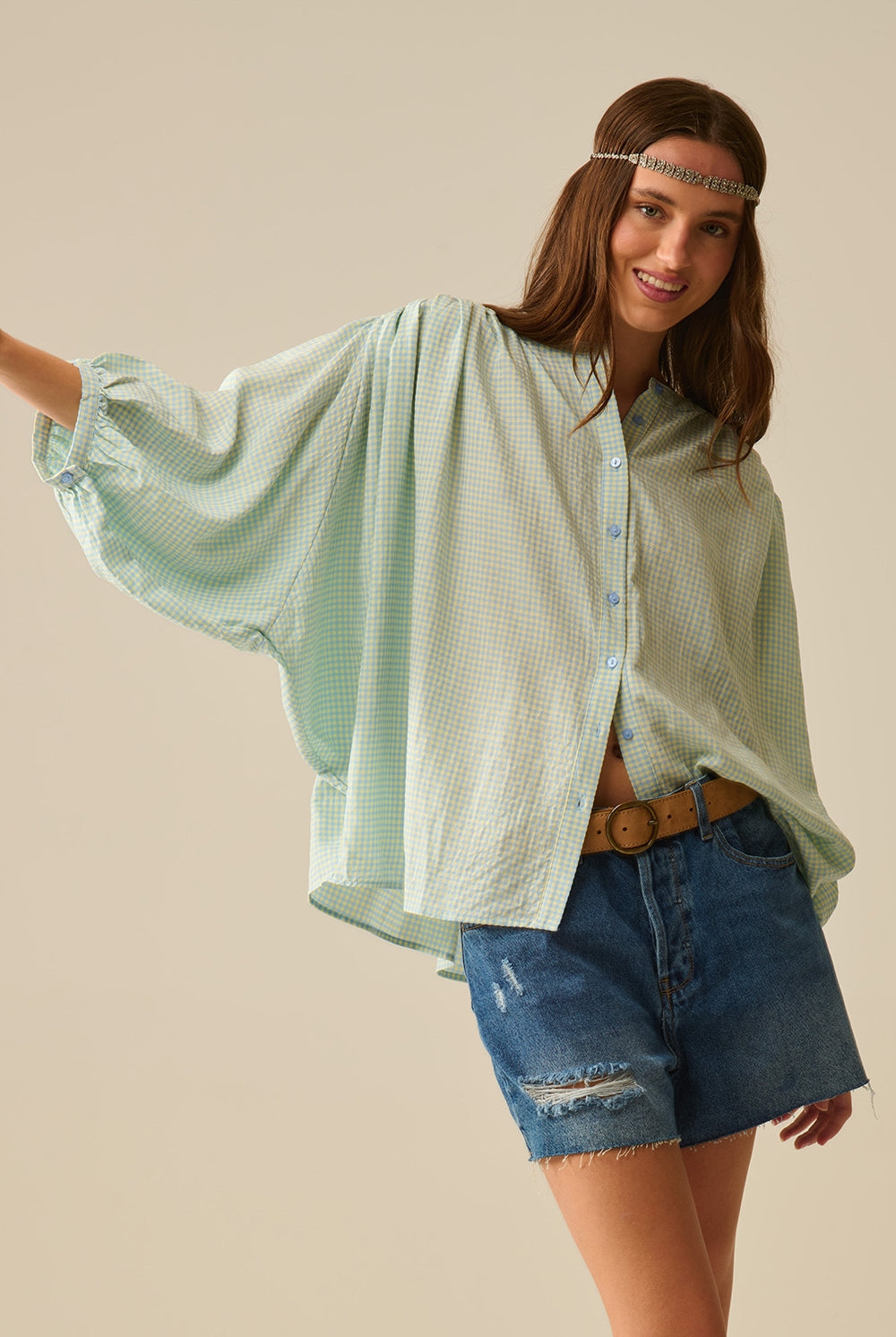 Q2 chemisier ample à carreaux vichy bleus