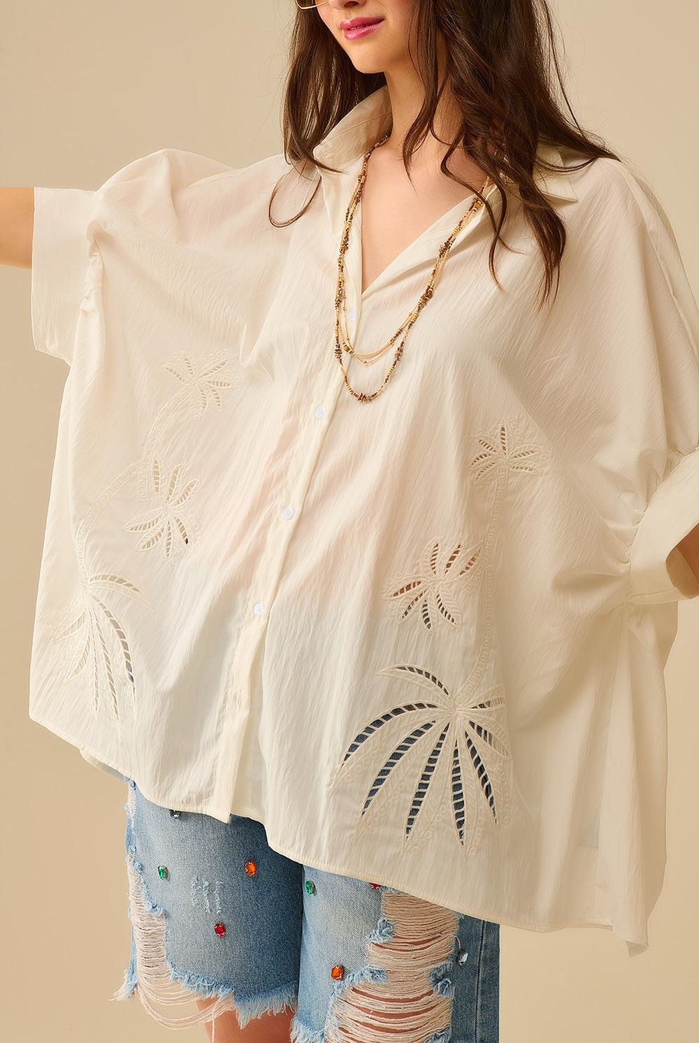 Q2 Chemisier brodé surdimensionné à motif de feuilles de palmier