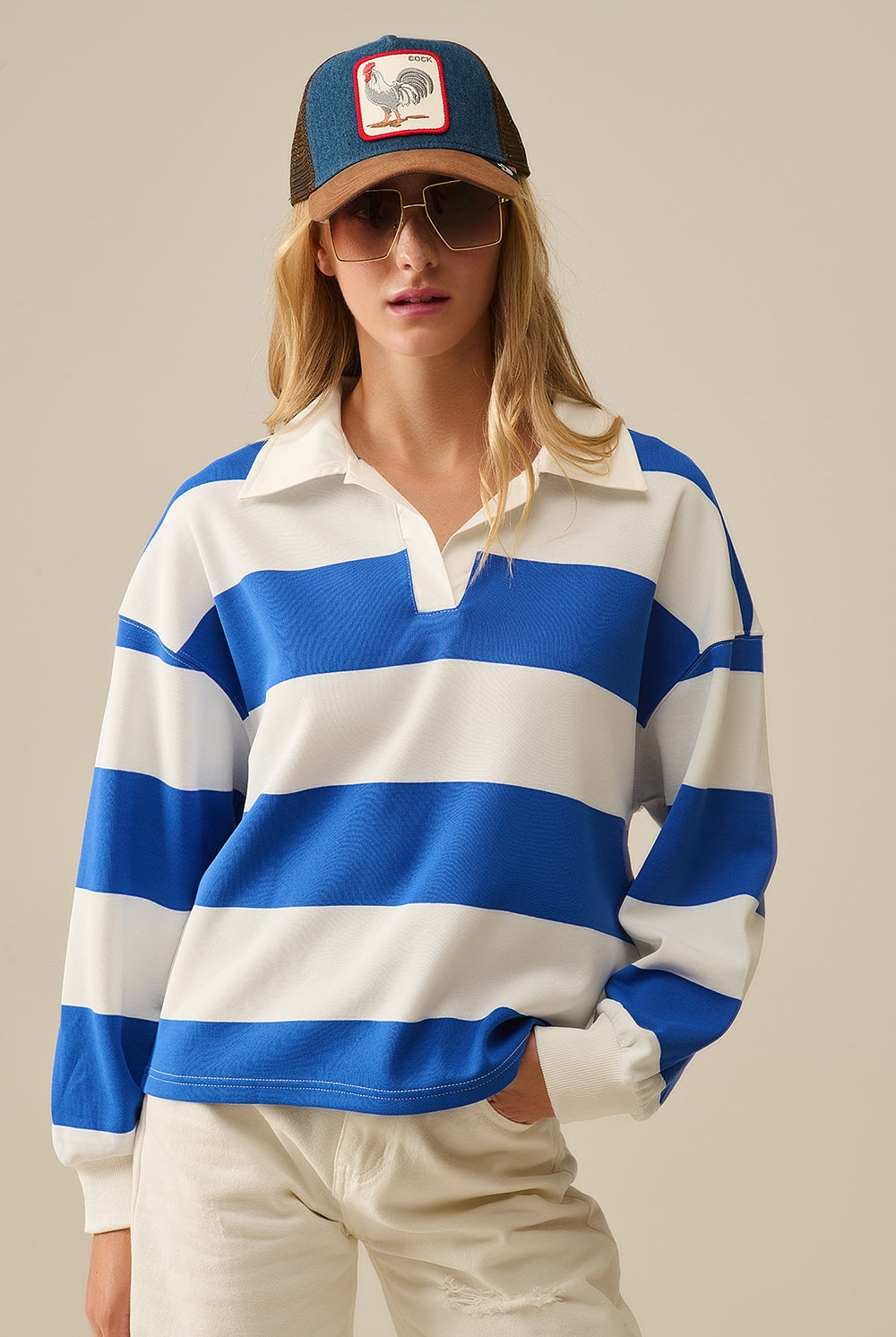 Q2 Chemisier polo décontracté à rayures blanches et bleues