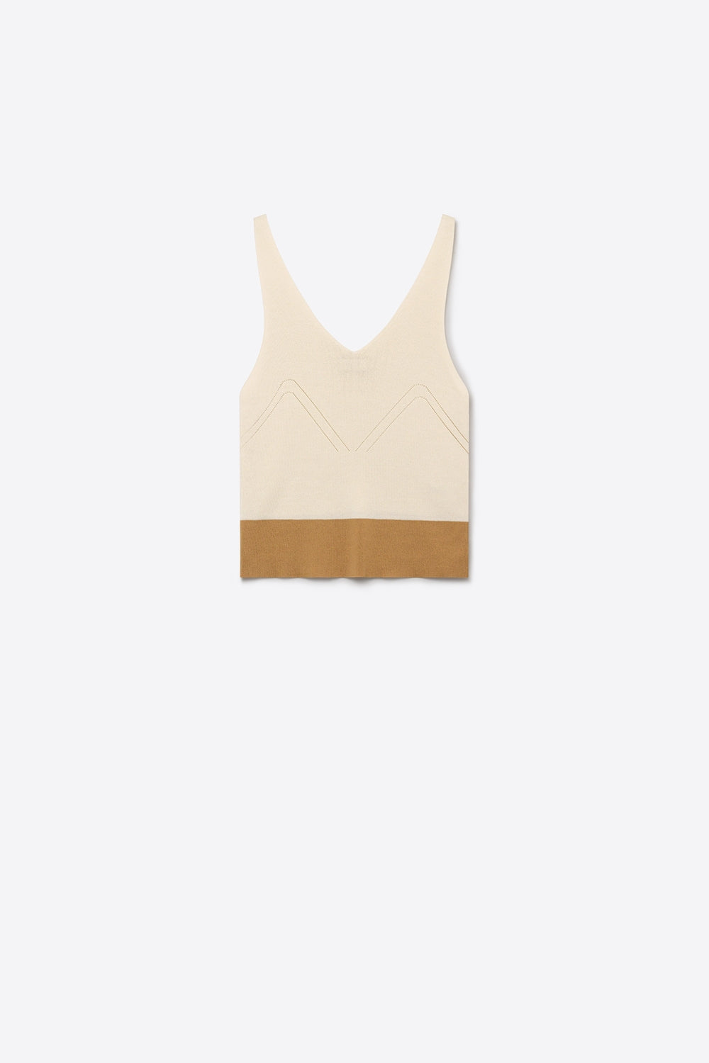 Q2 Débardeur court beige en maille côtelée à encolure en V et à blocs de couleurs