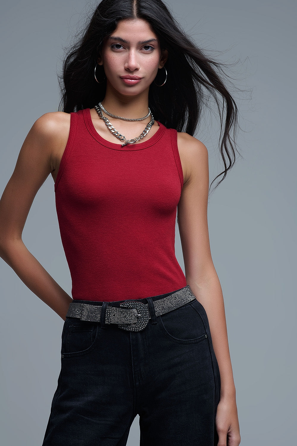 Q2 Débardeur de base en tricot super doux rouge rubis