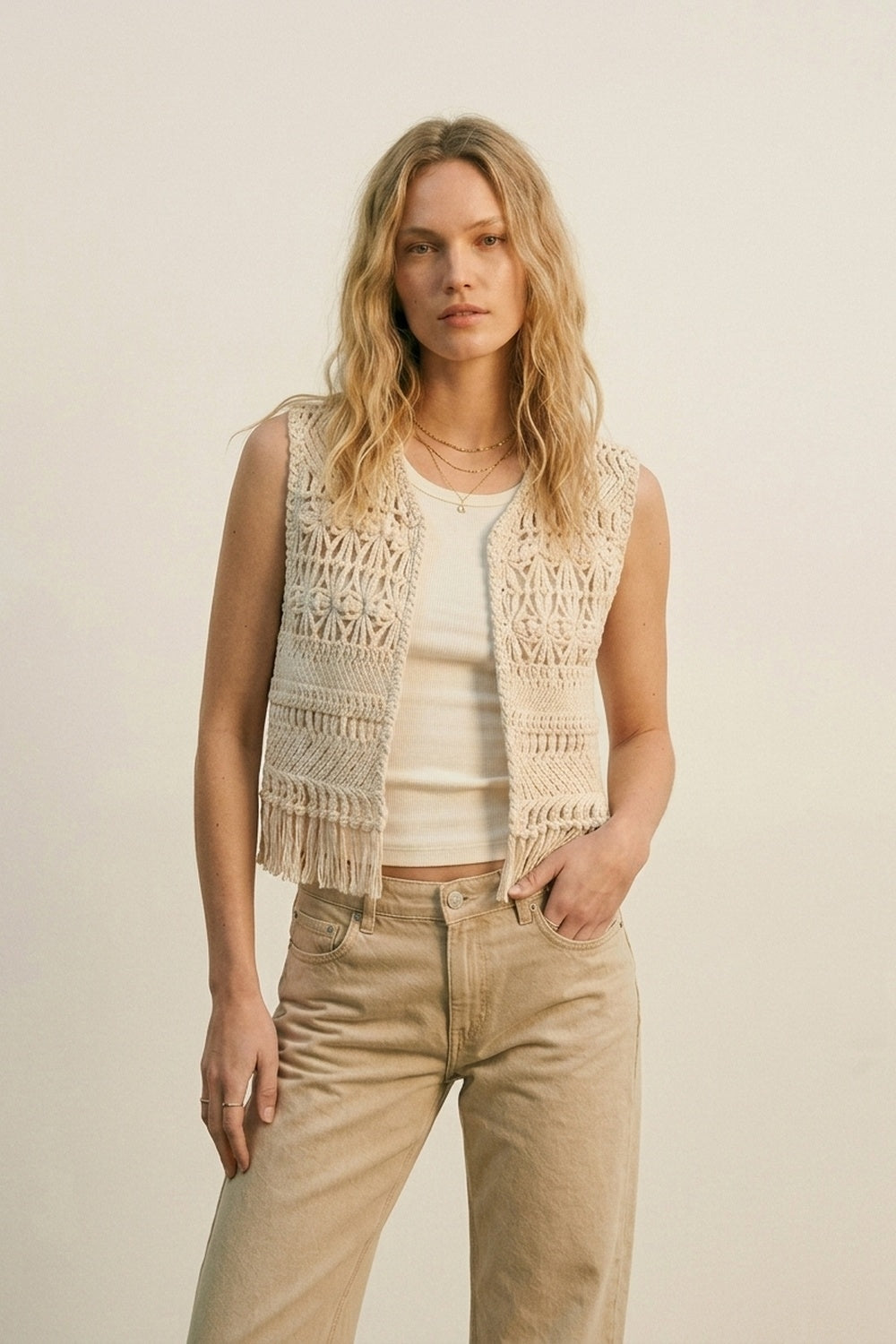 Q2 Gilet court en tricot ouvert à franges