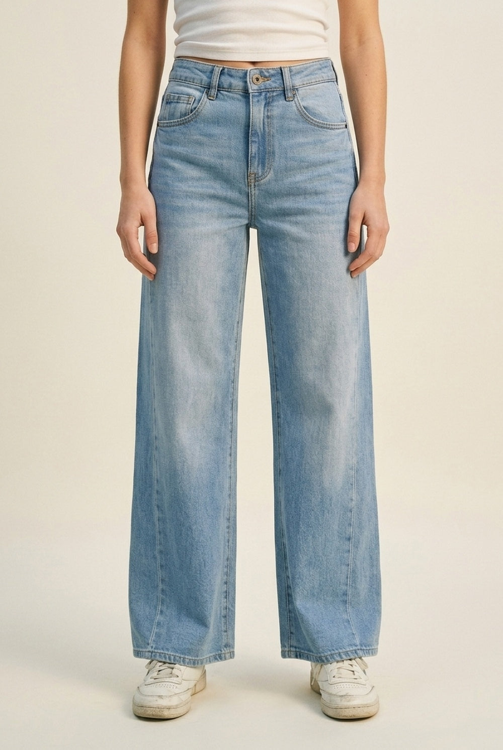 Q2 Jean en denim à taille haute et à jambe large bleu clair