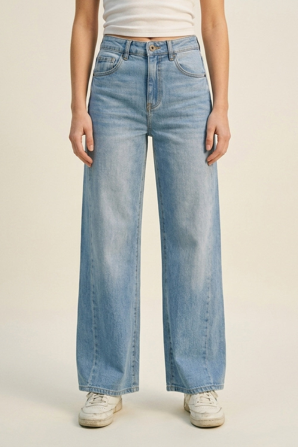 Q2 Jean en denim à taille haute et à jambe large bleu clair