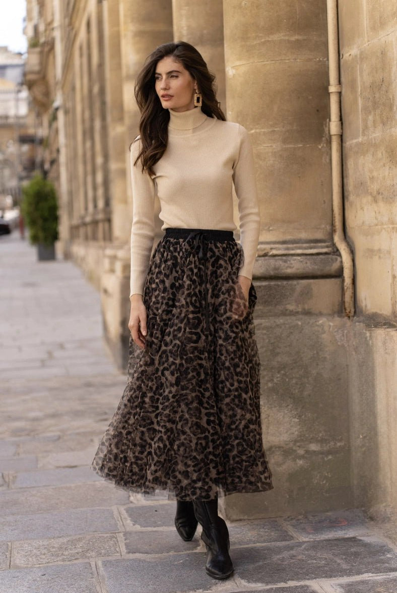 Jupe longue en tulle leopard Choklate - La boutique de Nannye