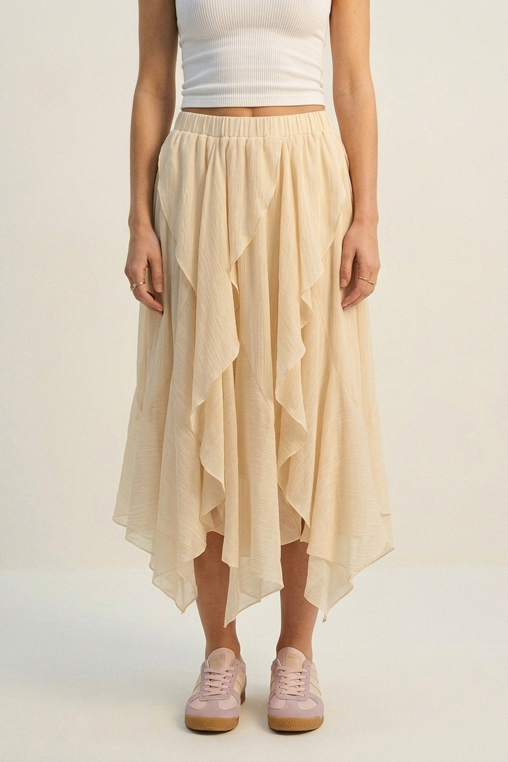 Q2 Jupe maxi asymétrique à volants en chiffon léger de couleur beige