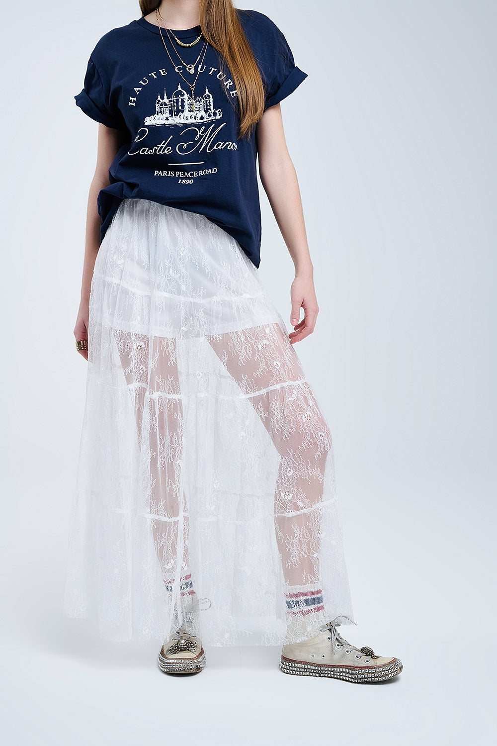 Q2 jupe maxi en dentelle blanche à imprimé floral