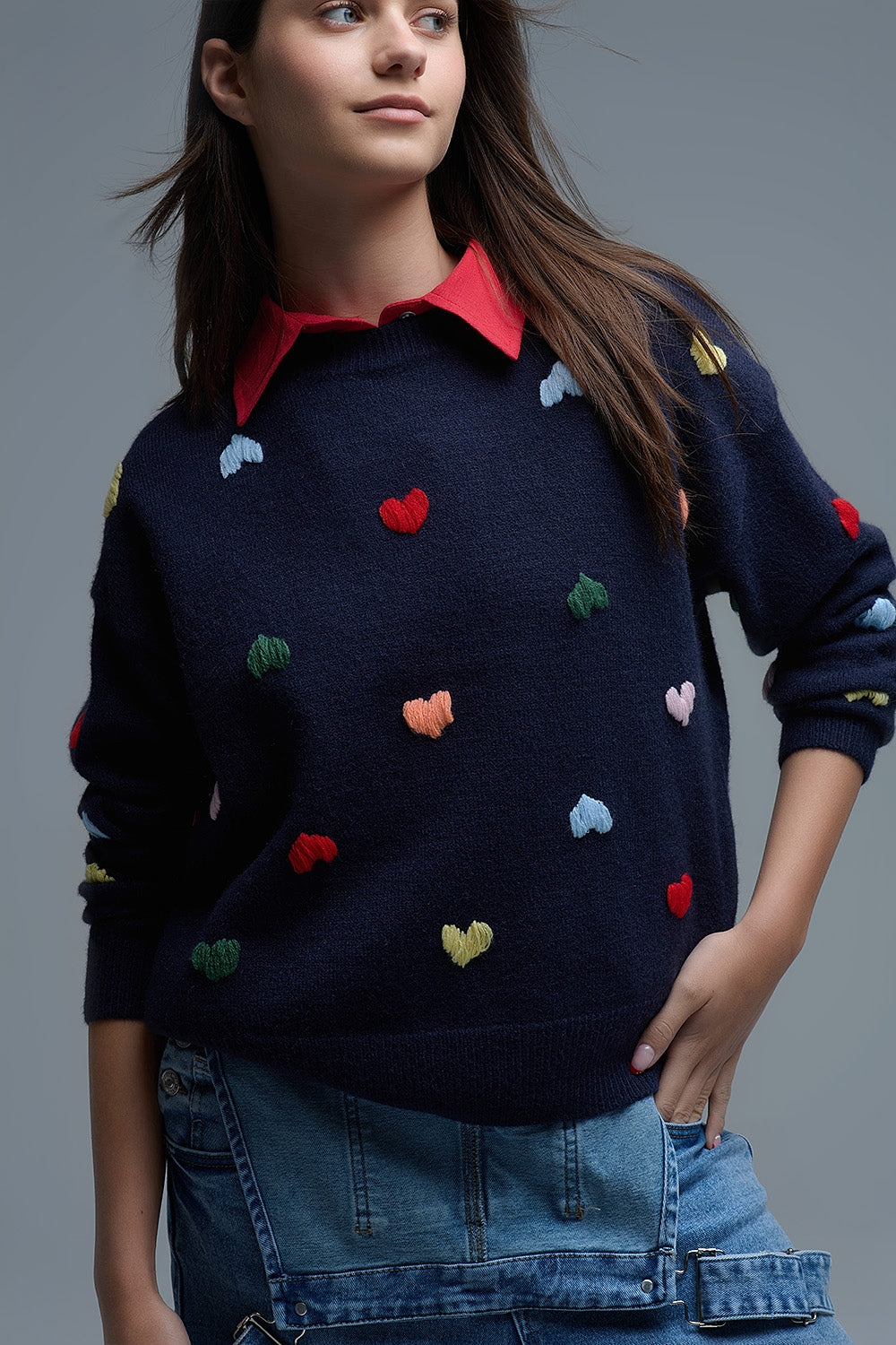 Q2 Navy Crew neck Sweater With Multicolor Embroidered Hearts (Pull ras du cou bleu marine avec cœurs brodés multicolores)