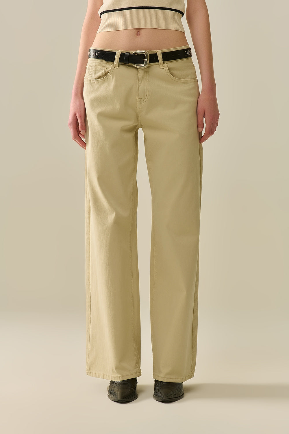 Q2 Pantalon Beige Droit à jambes larges